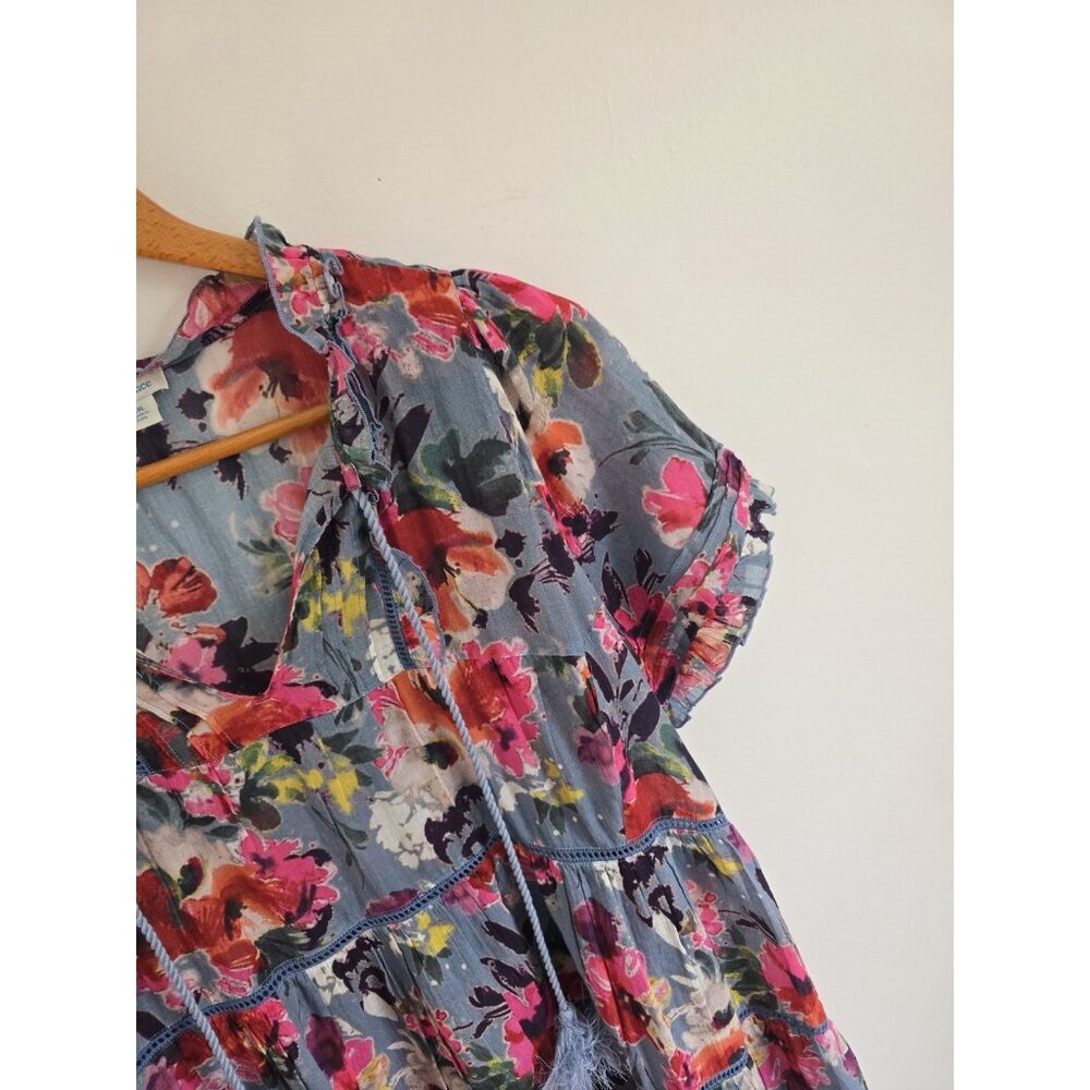 Sundance Annabelle Floral Blue Pink Cotton Dress XXL Short Sleeves Tassle Ruffle - Picture 4 of 11